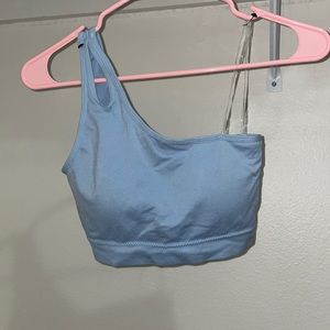 Light blue one shoulder workout sports bra